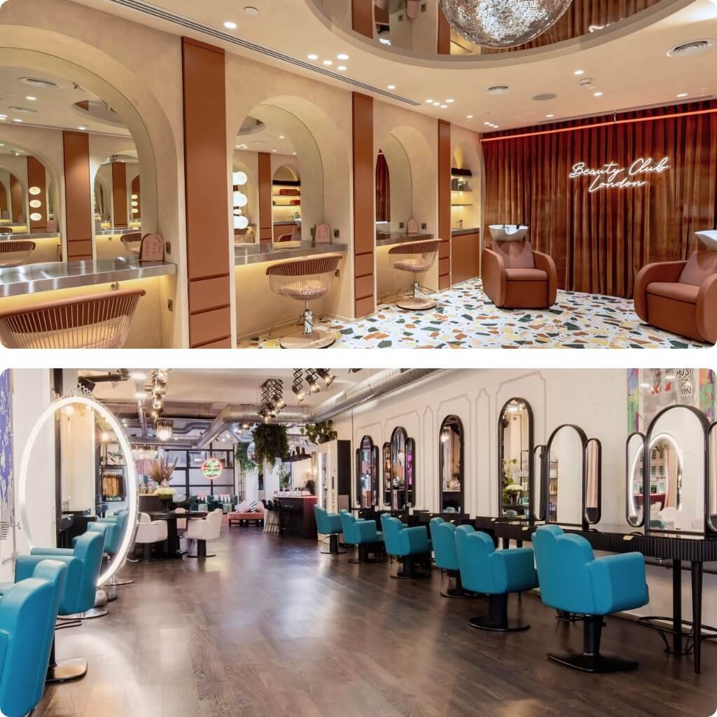 Beauty Club London salon interior collage