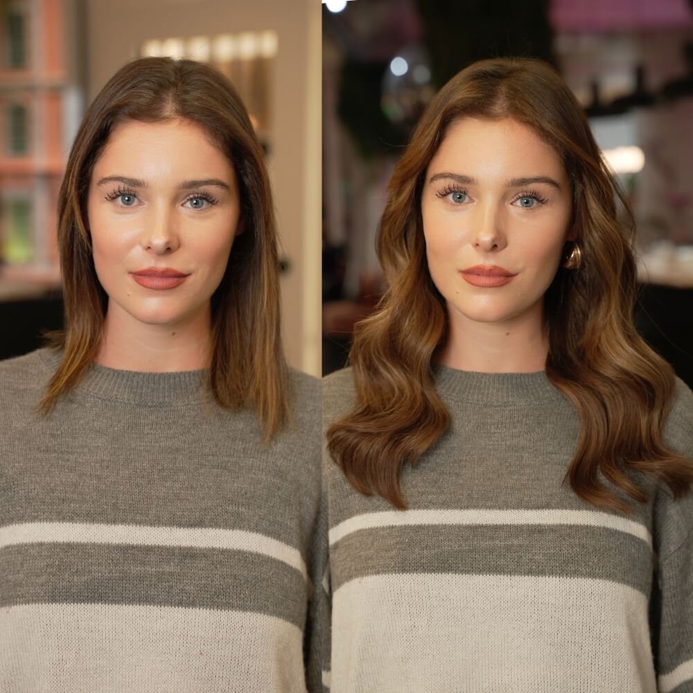 Brunette hair extensions before and after transformation