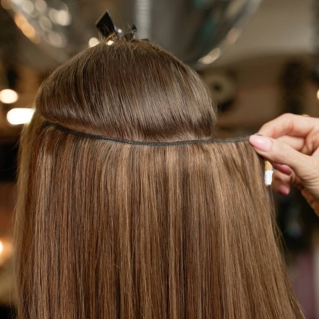 Clip in hair extensions being applied