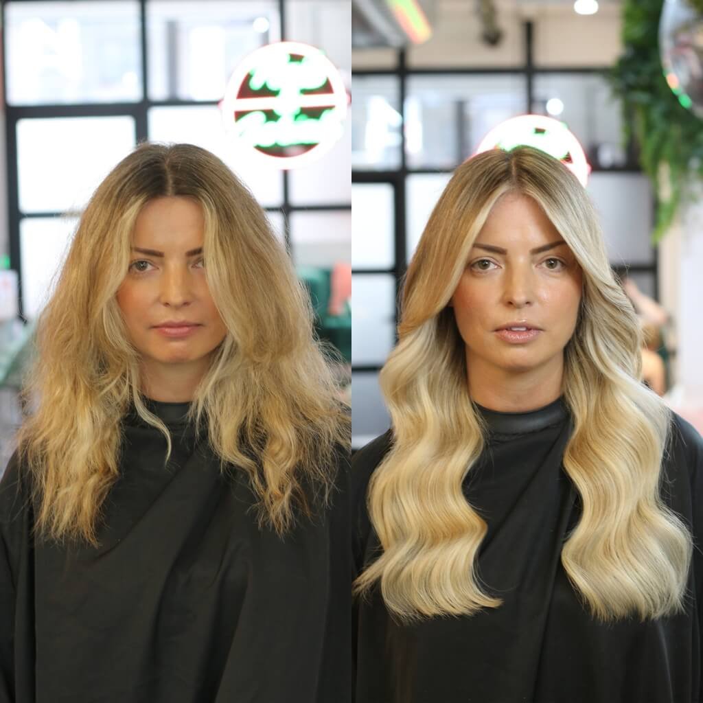 before and after wavy hair extension transformation