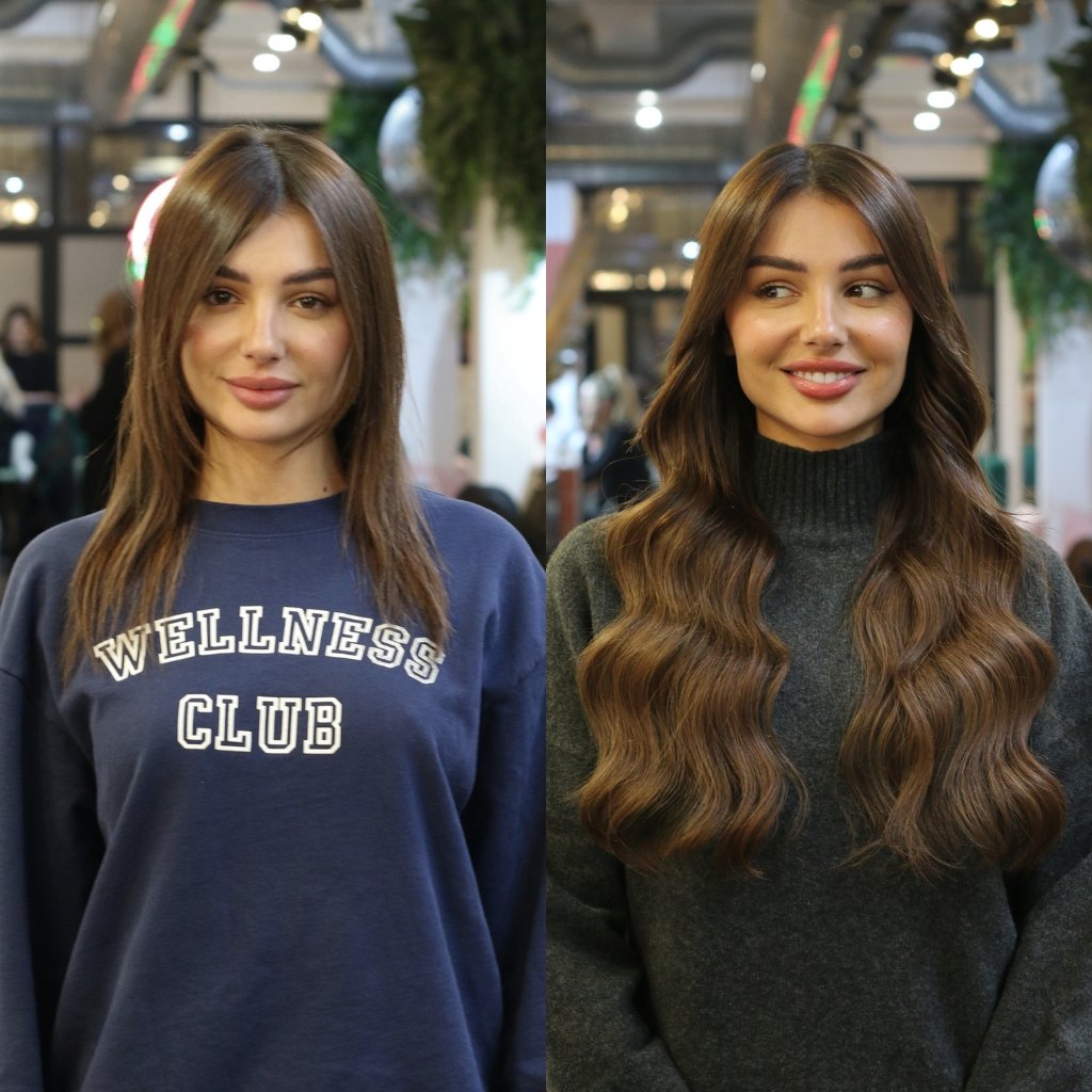 before and after wavy hair extension transformation