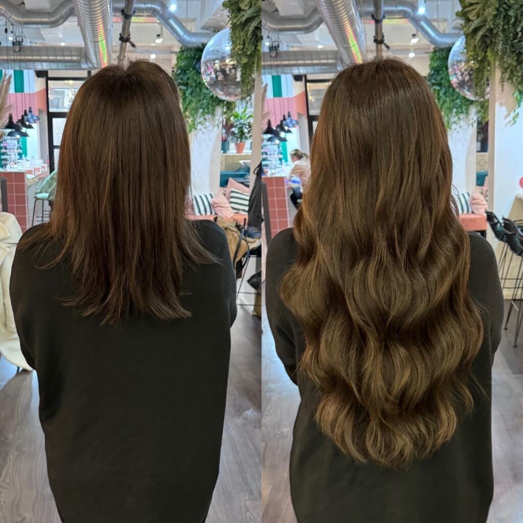 brown wavy hair extension transformation