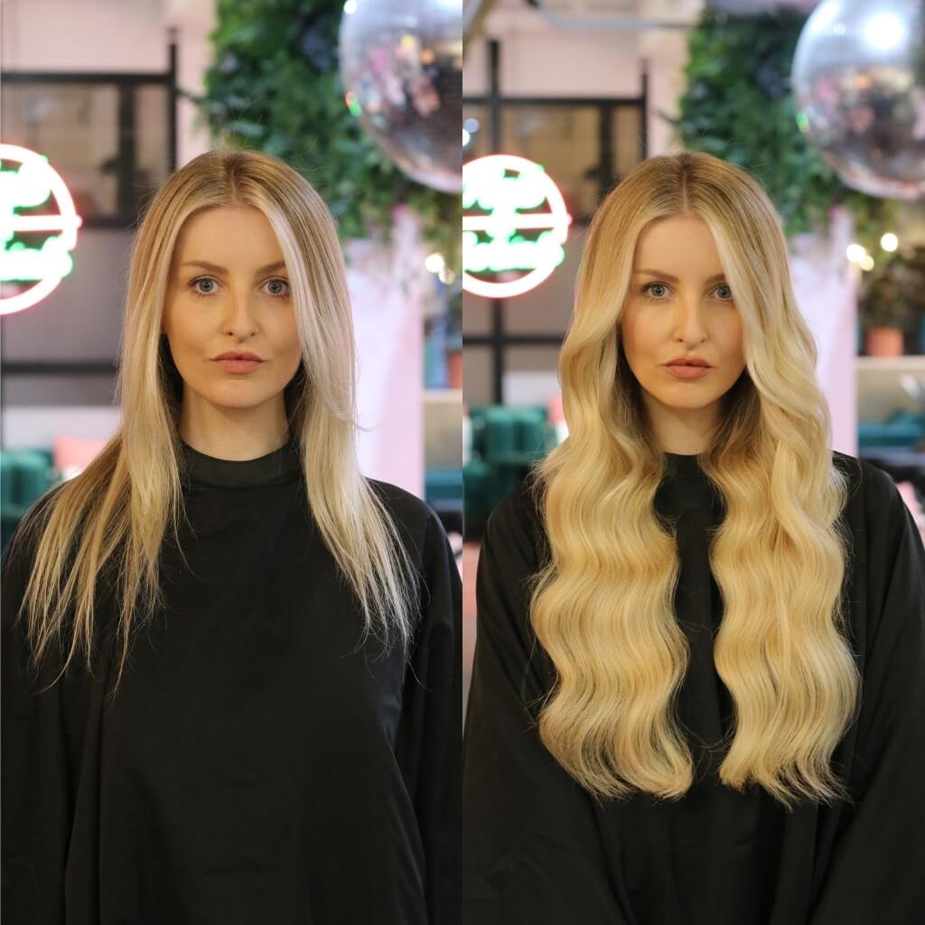 before and after blonde hair extension transformation