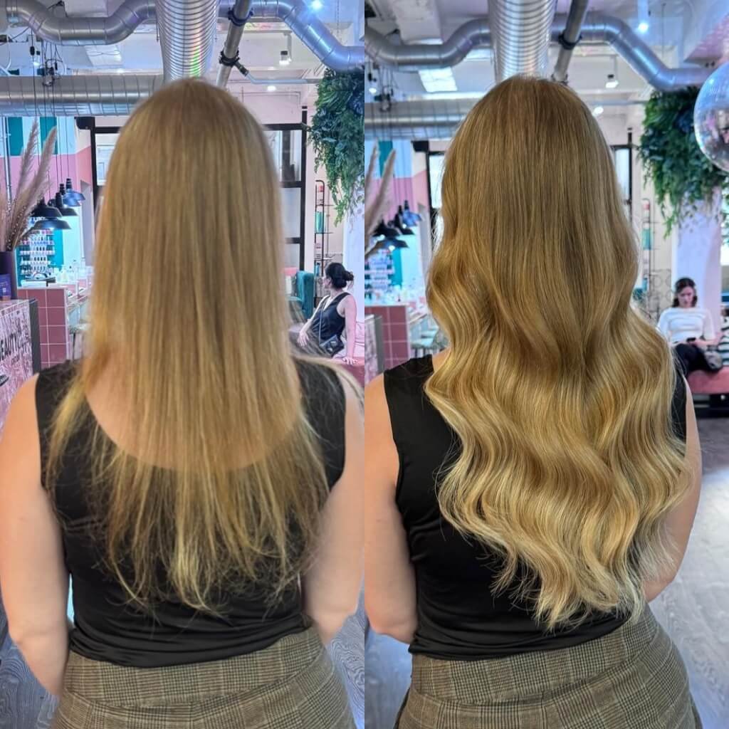 before and after blonde hair extension transformation