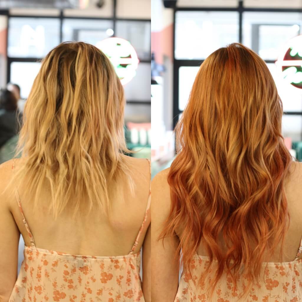 before and after blonde to ginger hair extensions