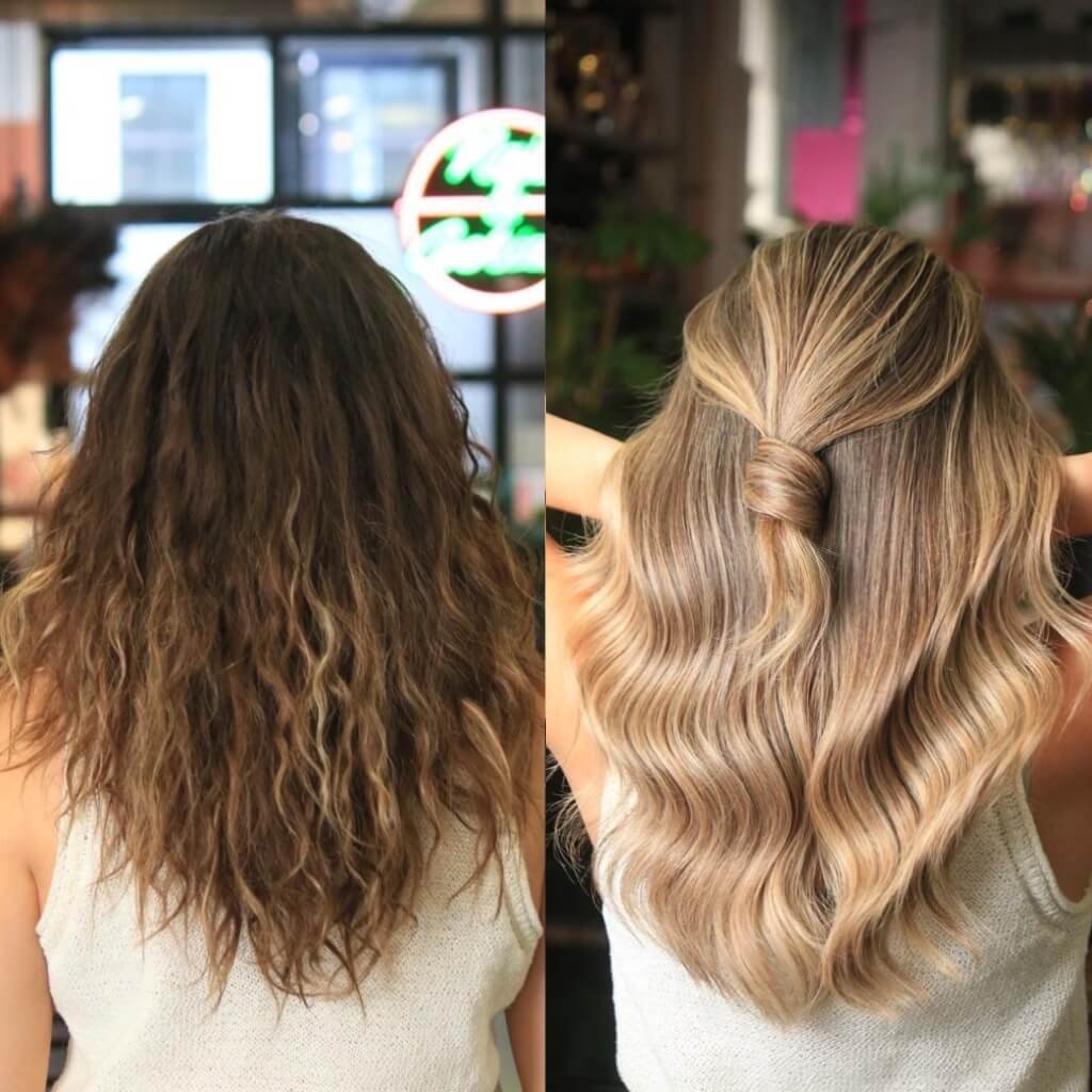 before and after balayage colour transformation