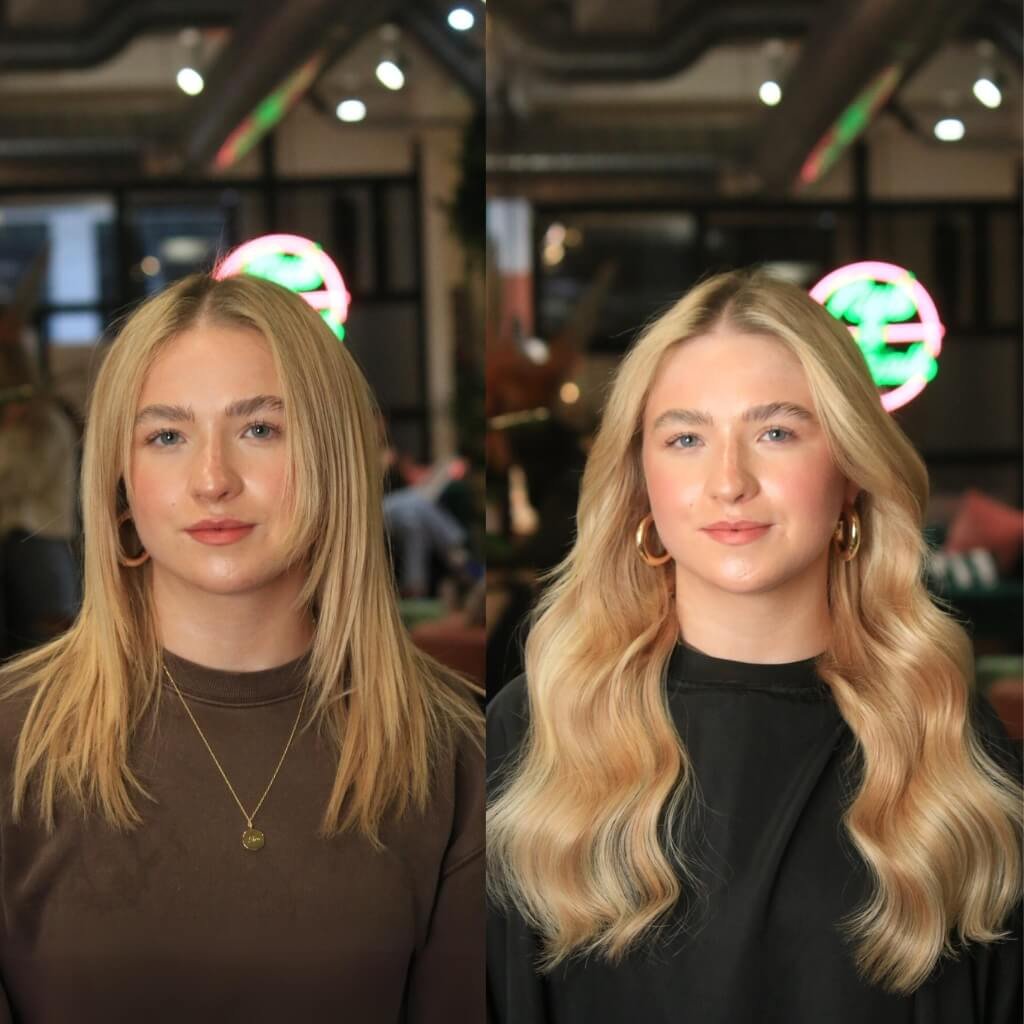 blonde wavy hair extension transformation