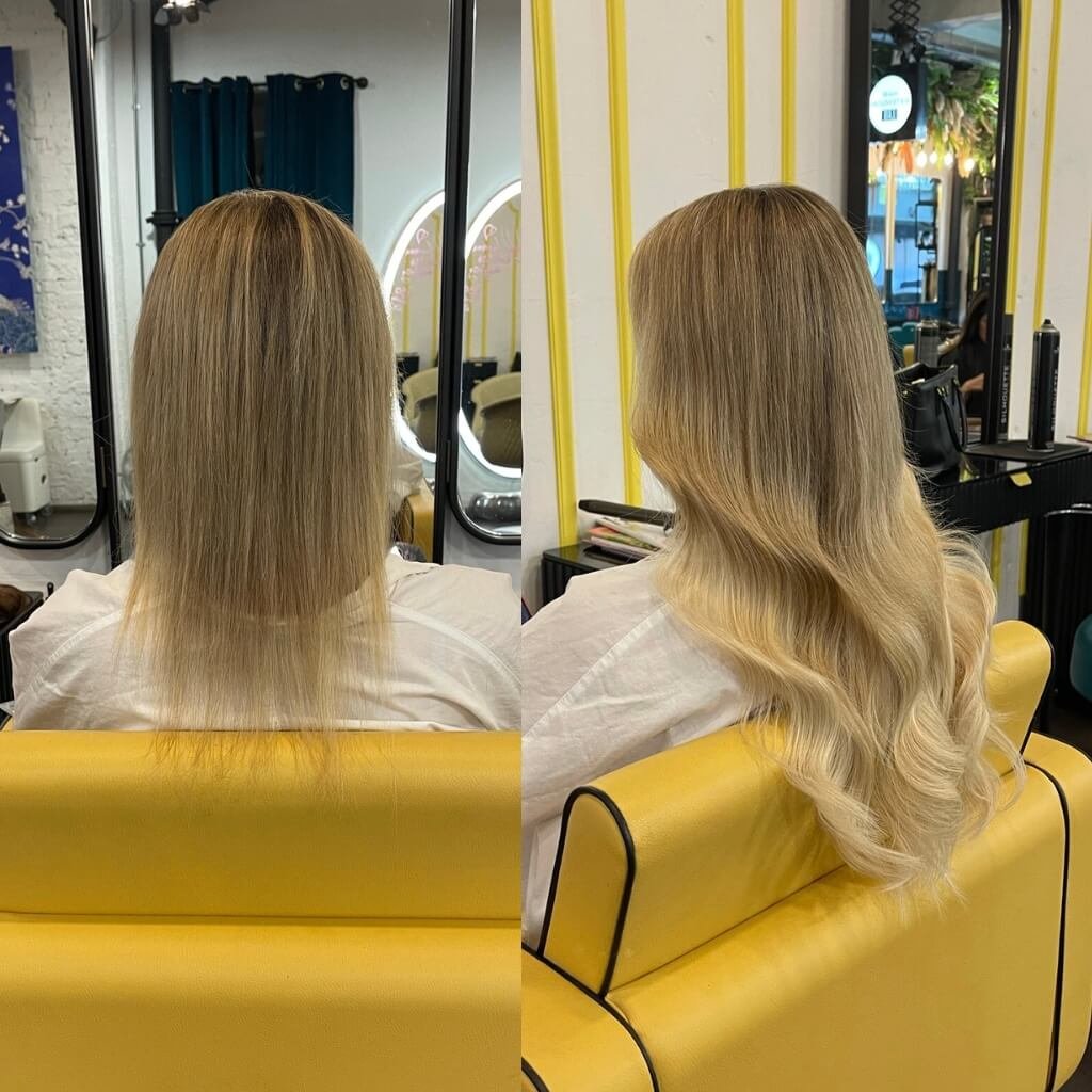 wavy blonde hair extension transformation