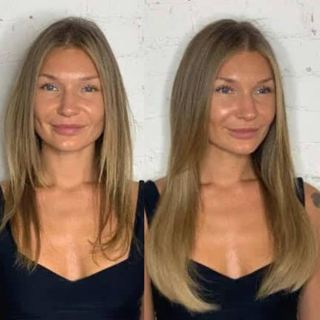 before and after hair extension volume and length