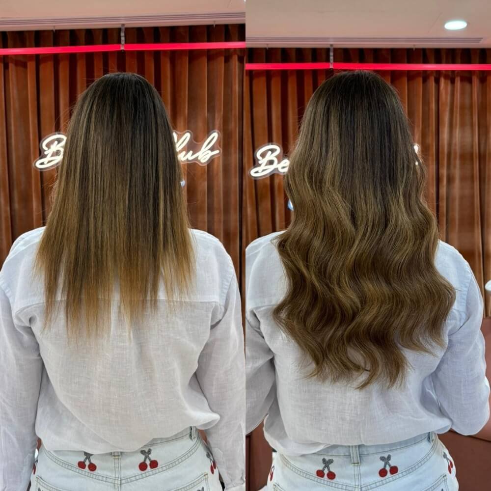 Before and after hair extensions transformation showing added length and volume on long wavy brunette hair