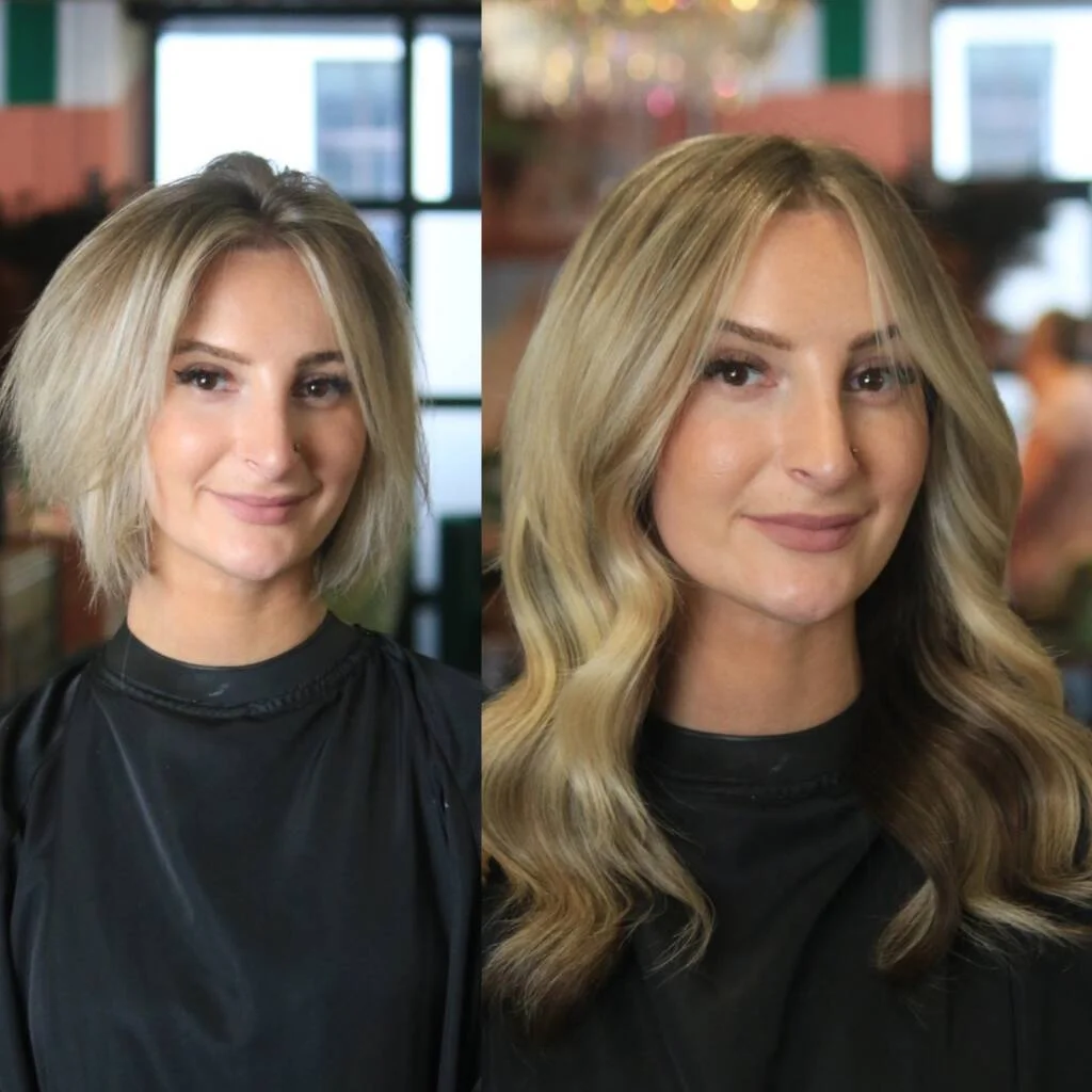 short to long and colour change hair extension transformation